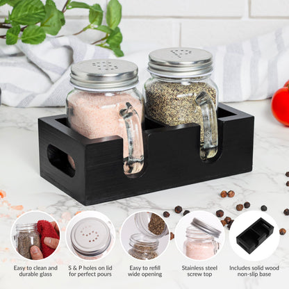 Mason Jar Salt and Pepper Shakers - Glass Shaker Set with Wood Holder Caddy, Easy to Clean & Refill for Farmhouse Kitchen Table, Home and Gifts (Black)