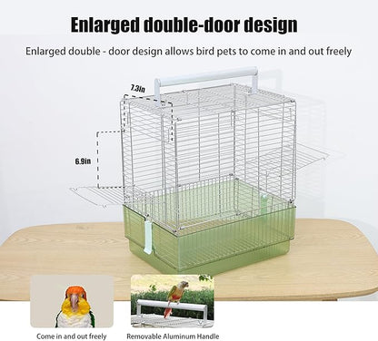 304 Stainless Steel Travel Bird Cage, 17 Inch Foldable Carrier for Conures Cockatiels Grey Parrots Caiques, with Aluminum Handle Perch (Green, Large Birdcage)