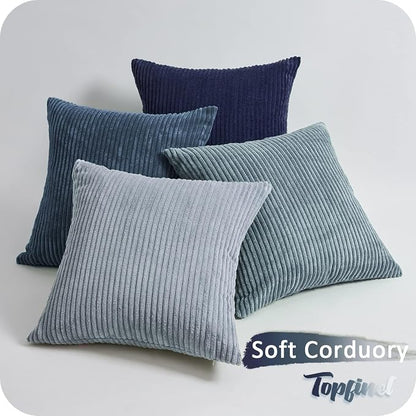 Topfinel Decorative Throw Pillow Covers Dusty Blue Navy Series 18x18 Inch Set of 4,Summer Corduroy Striped Toss Pillows for Couch,Patio,Balcony,Children Bedroom,Modern Fluffy Blue Gradient Shams