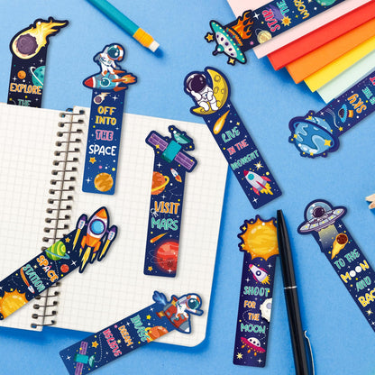120 Pcs Space Bookmarks Bulk Planet Rocket Space Ship Theme Bookmarks Outer Space Inspirational Quotes Cards Valentines Gifts for Classroom Office Birthday Party Prizes Favors