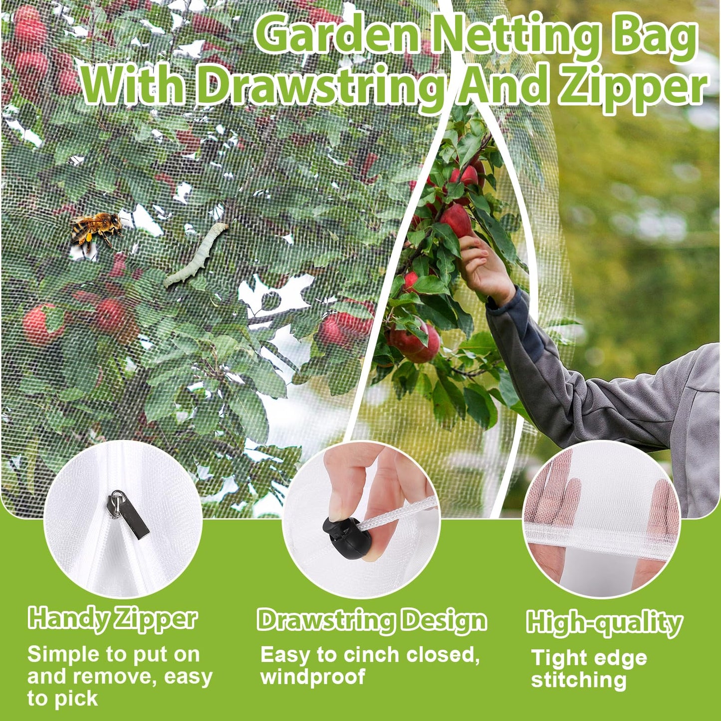 4PCS Fruit Tree Netting with Drawstring and Zipper, 3.93 * 4.92ft Blueberry Bush Netting Cover, Insect Netting for Garden, Garden Fruit Nets Protection from Anti Birds, Bugs