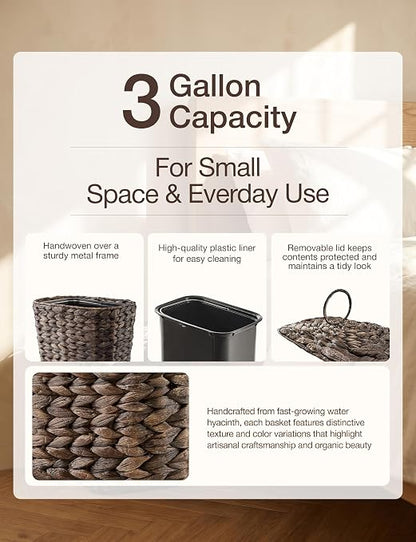 Tidita 3 Gallon Large Wicker Trash Can with Lid, Boho Bathroom Garbage Can | Water Hyacinth Construction, Space-Saving Shape, Reinforced Inner Iron Frame, Removable Liner For Easy Emptying, Black Color