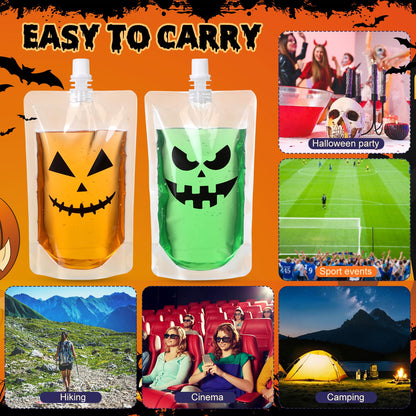 Widecook 28 Pcs Halloween Drink Pouches Reusable Pumpkin Blood Bags for Drinks Plastic Flasks with Funnels Juice Cups Pouches for Halloween Party Prop Decoration Favor