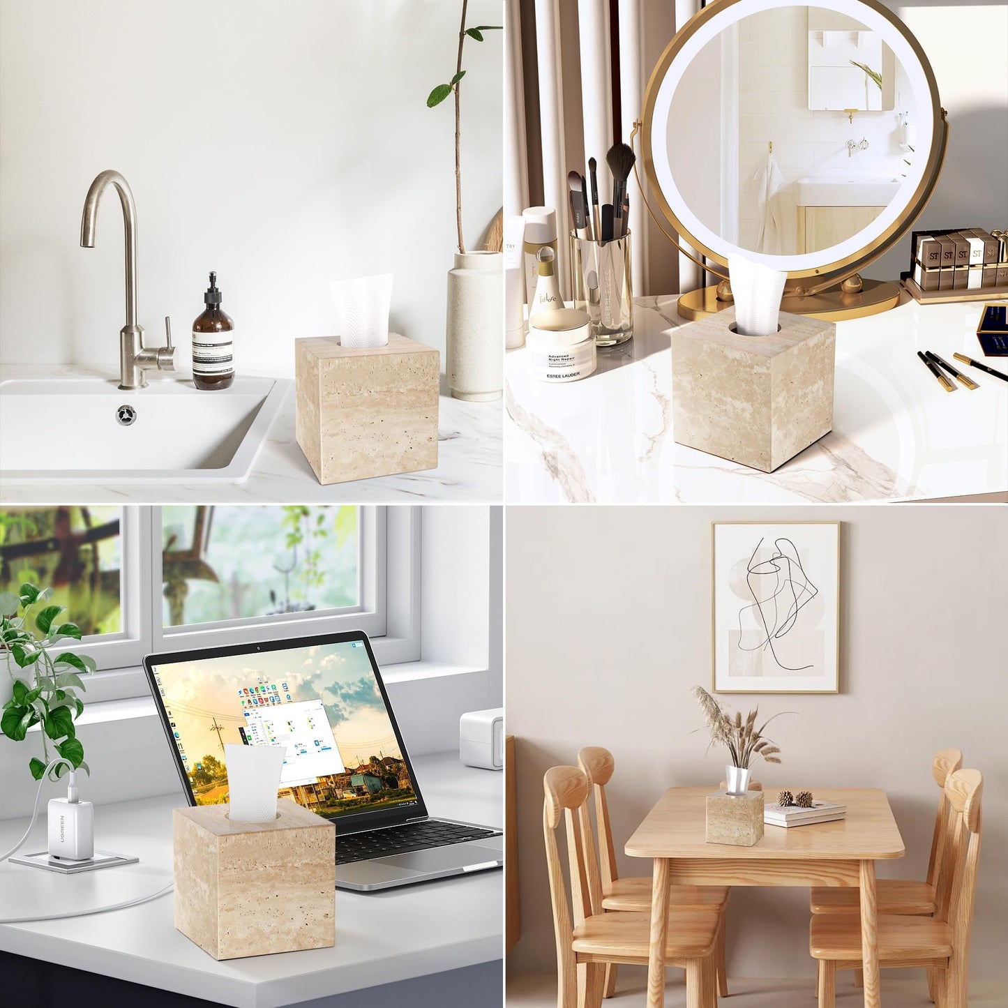 N NANSHOP Natural Travertine Marble Tissue Box Holder Cover, Square Cube Tissue Box Holder with Open Bottom for Bathroom Vanity Tops, Bedroom Dressers, Kitchen Countertop, Travertine Beige(NS022)