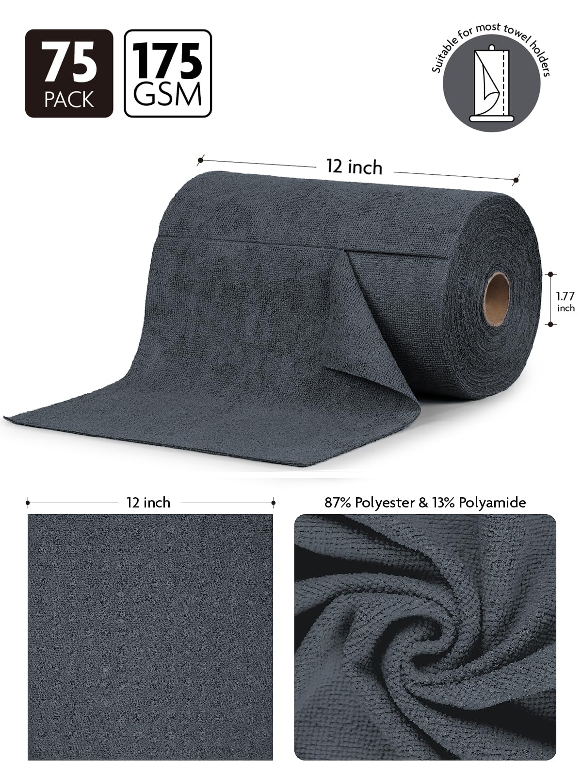 Fantasticlean Microfiber Cleaning Cloth Roll -150 Pack, Tear Away Microfiber Towels, 12" x 12", Reusable, Washable, Ultra Absorbent Dishcloth for Home Supplies, Car, Pet, Kitchen (2 Rolls of Grey)