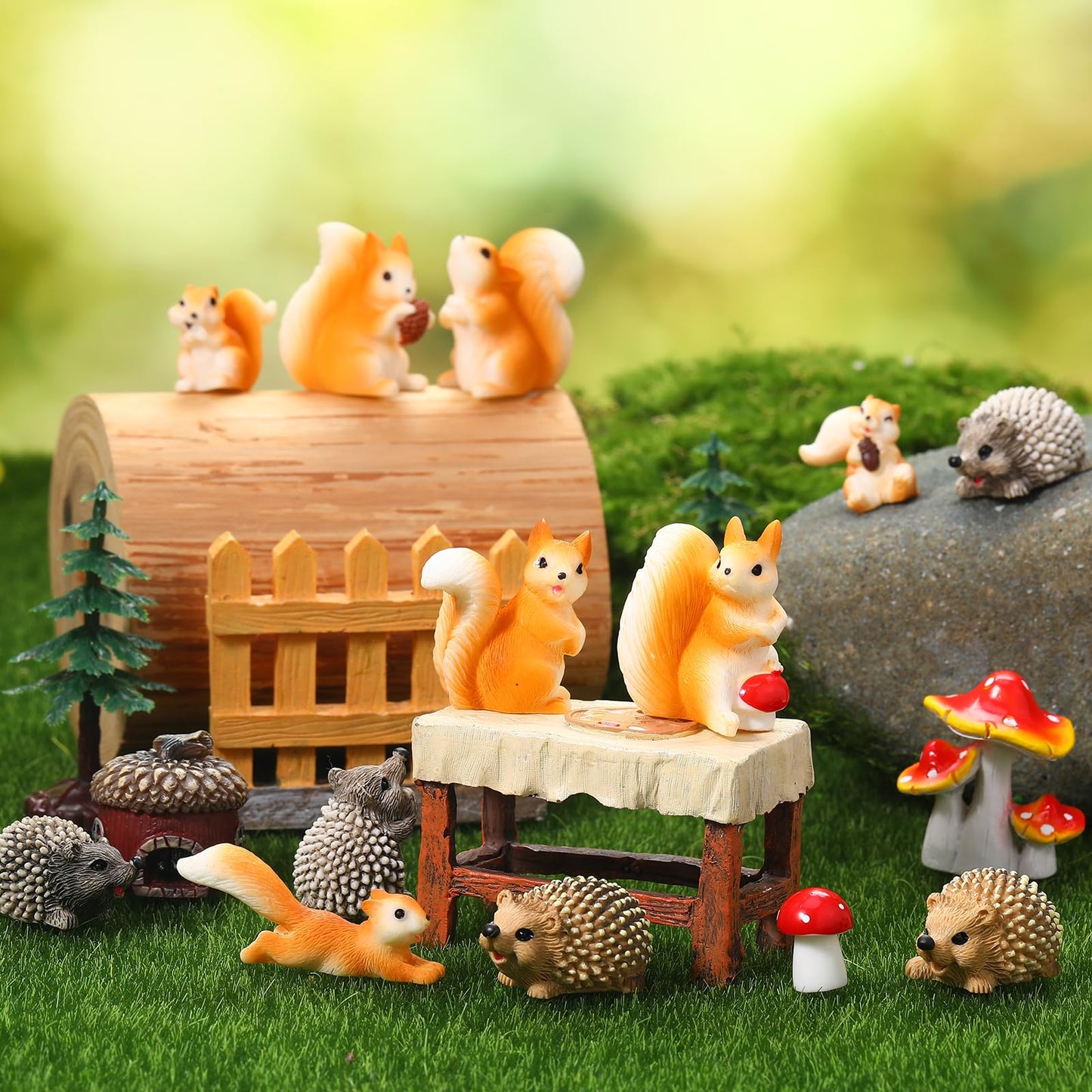 GGSTDDUP Fairy Garden Accessories, 34 Pieces Resin Squirrel Figures Miniature Garden Ornaments Hedgehog Mushroom Animal Kit for Outdoor DIY Terrarium Potted Plants Dollhouse Desk Decor