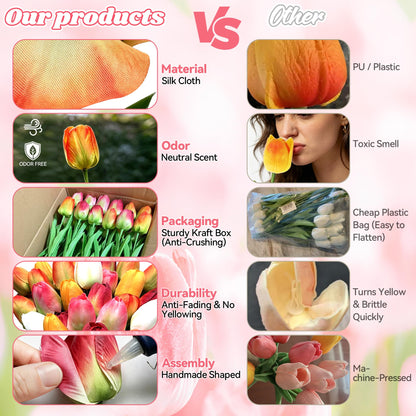 Livresse Orange Artificial Tulips for Vase, 48 Faux Tulip Flowers for Fall Centerpiece, Autumn Home Decor, Thanksgiving Table Arrangement & Rustic Farmhouse Decorations