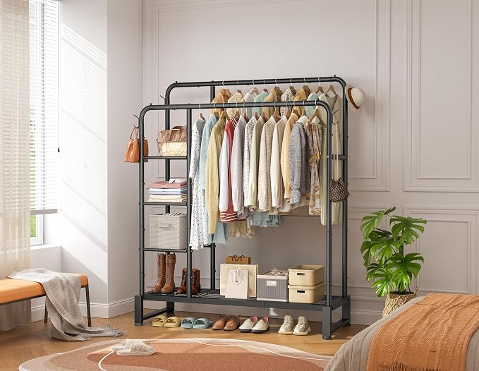 Double Rods Clothes Rack Clothing Rack with 4 Tier Storage Shelves Clothes Rack for Hanging Clothes Multifunctional Heavy Duty Clothes Organizer with Hooks for Bedroom,Wardrobe Closet,Shop,Black