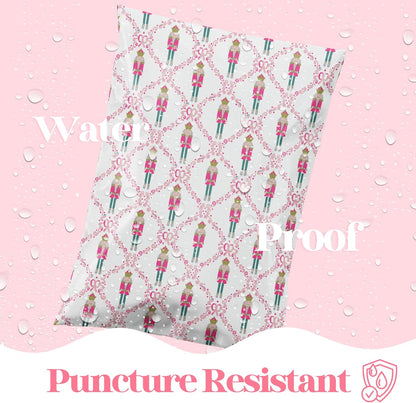 6x9 Designer Poly Mailer 100 Pack Heavy Duty Waterproof Self Seal Shipping Bags for Small Business Large Mailing Envelopes Bulk Tear Resistant Packaging Pink Nutcracker Christmas Holiday