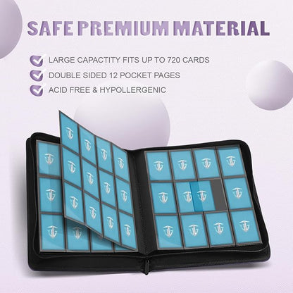 12 Pockets Trading Card Zipper Binder for 720 Cards| Secure Side Loading Pockets | Trading Card Album Folder | Compatible with YuGiOh, MTG,Sports Cards (Purple 12)