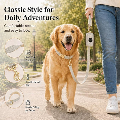 Herringbone Tweed Dog Collar and Leash Set for Medium Dogs, Gray | Snag-free, no-rub design. Soft breathable cotton, gentle on fur. Adjustable durable matching combo for walks & outdoors.