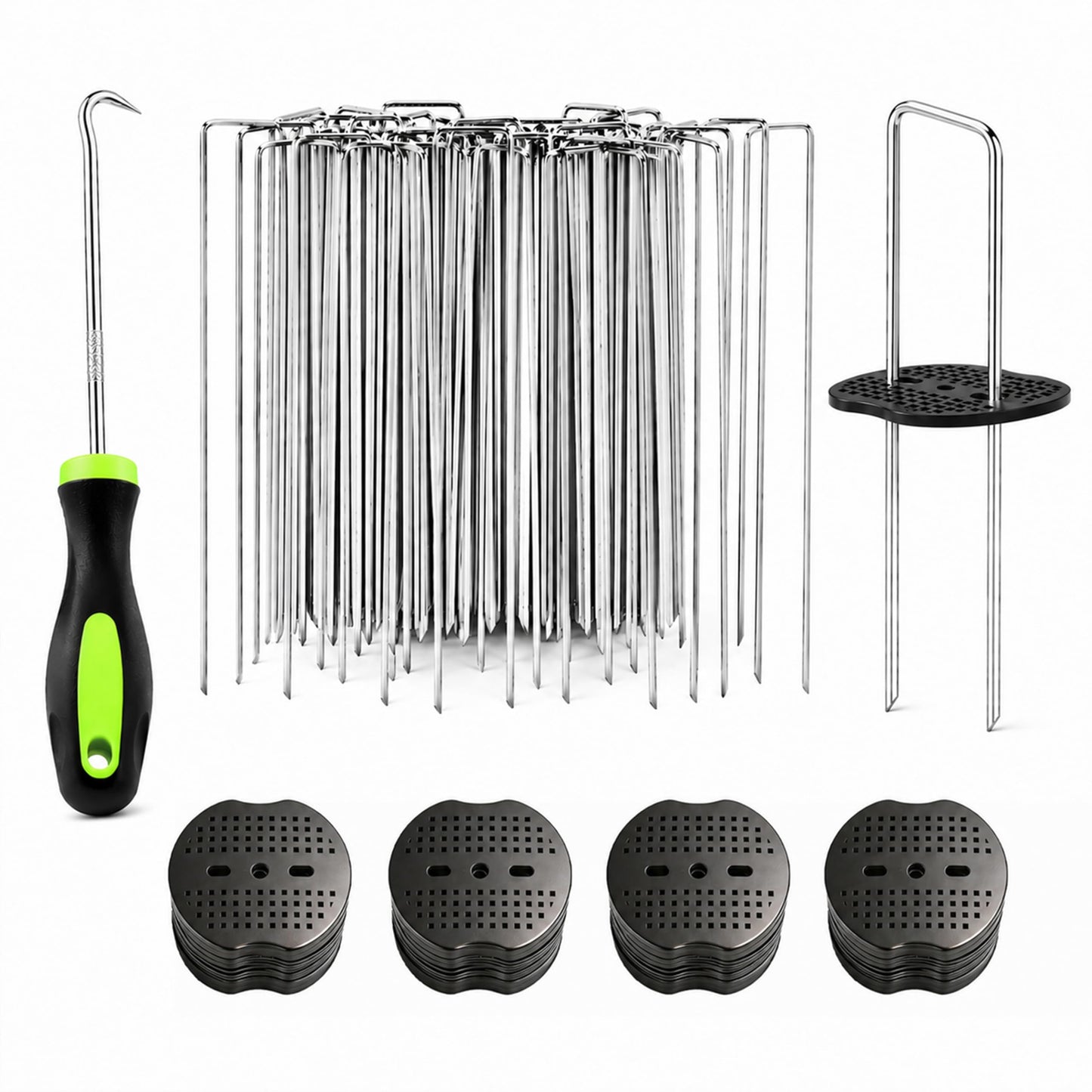 Garden Stakes,6 Inch 11 Gauge 100pcs Galvanized Landscape Staples + 100pcs Gaskets + 1Pick Hook, U-Shaped Heavy Duty Ground Stakes for Weed Barrier Fabric, Turf, Sod, Ground Cover