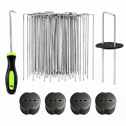 Garden Stakes,6 Inch 11 Gauge 100pcs Galvanized Landscape Staples + 100pcs Gaskets + 1Pick Hook, U-Shaped Heavy Duty Ground Stakes for Weed Barrier Fabric, Turf, Sod, Ground Cover