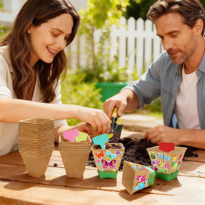 NNG 40 Set Garden Paper Pot Craft Kit,40Pcs Square Paper Mache Pots Peat Plant Pots with 400pcs Adhesive Foam Stickers & 40Pcs Pots Labels,Flower Plant Spring Craft for DIY Flower Planting