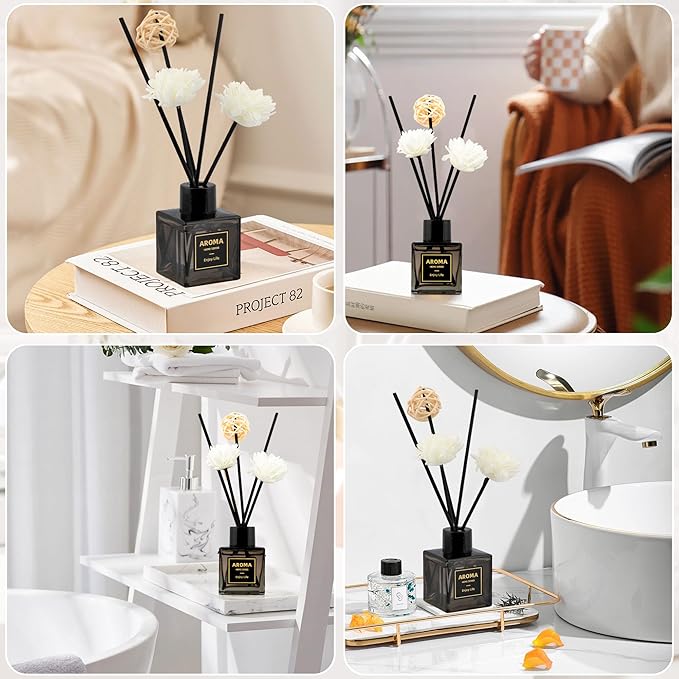 Black Glass Bottle Scent Diffuser, 1.7 oz Reed Diffuser with Sticks, Home Fragrance for Bookshelf, Bedroom Vanity, Office Desk & Bathroom Decor, Air Freshener for Aesthetic Room Decor (Lavender)