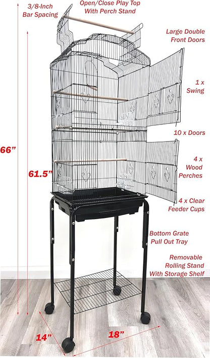 Large Open/Close Top Bird Cage Side Breeding Nest Box Doors Easy Clean Pull Out Tray Clear Feeder Cups for Canary Parakeet Cockatiel Lovebird Finches with Removable Rolling Stand