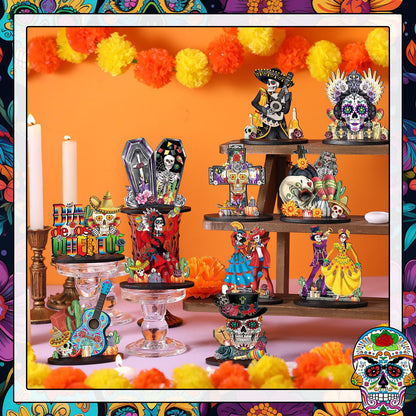 Wesiti 12 Pcs Day of The Dead Table Decorations Wooden Mexican Dia De Los Muertos Altar Centerpiece Halloween Sugar Skull Table Topper Decor Skeleton for Mexican Fiesta Tiered Tray Decor Party Favor