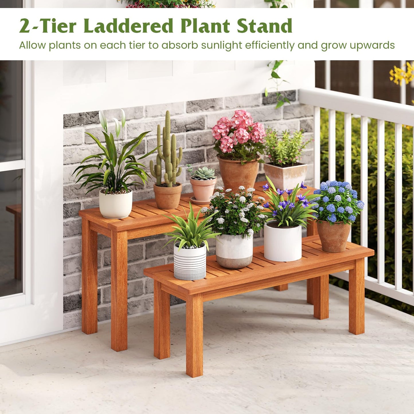 HOMGX Wooden Plant Stand Set of 2, Multifunctional Outdoor Backless Garden Bench with Slatted Seat, Easy Assembly, Rustic Flower Display Shelf for Yard, Entryway, Max Load 330 lbs, Natural