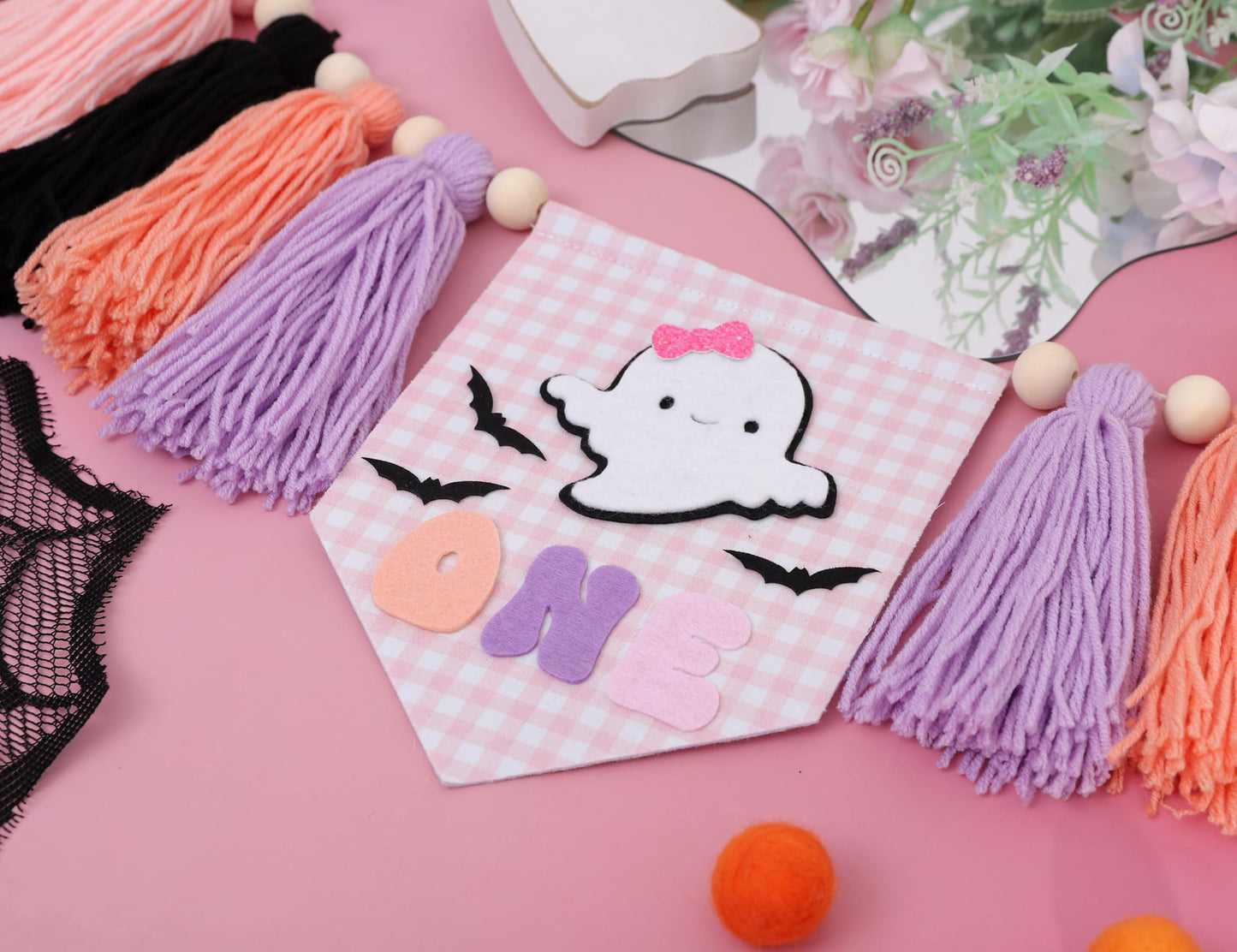 Spooky One High Chair Banner for Girls - Pink Ghost Yarn Tassel Highchair Banner, Halloween 1st Birthday Decorations, Our Little Boo is One Birthday Decor