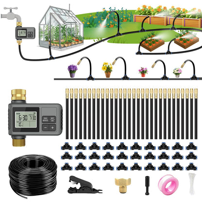 120 Ft Drip Irrigation System with Smart Water Timer – Automatic Garden Watering Kit with Solid Brass Metal Connectors, 360° Adjustable Nozzles & Bendable Tubing for Garden, Greenhouse & Lawn