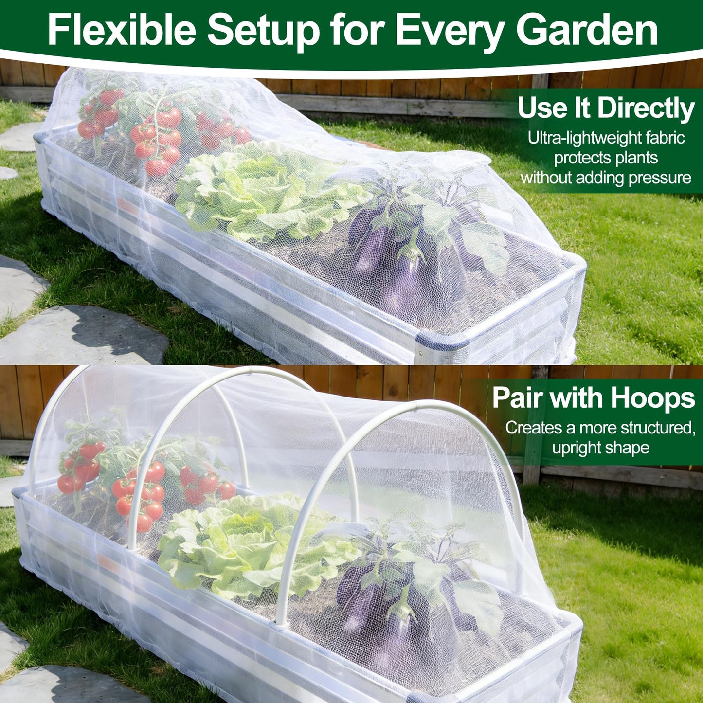 2 Pack Garden Netting for 4x2FT Raised Beds, Ultra-Fine Mesh Plant Covers with Drawstring, Bird, Pest & Small Animal Barrier for Vegetables, Fruits & Flowers