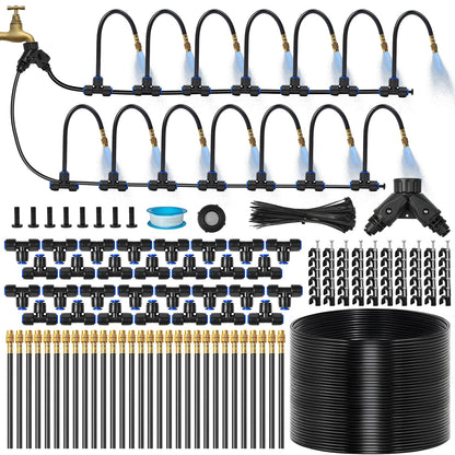 140Ft 1/4" Drip Irrigation System for Garden – 30 Adjustable Copper Nozzles, Automatic Atomizing Sprinkler System for Outdoor Plants Raised Bed, Yard, Potted Plants & Lawn