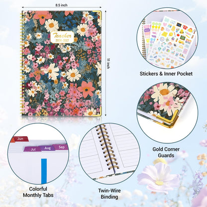 Teacher Planner 2026-2027 Academic Year, Jul.2026 - Jun.2027, 8.5" x 11" Lesson Planner Book for Teachers, Teacher Planners with Colorful Monthly Tabs, Hardcover- Flower Clusters