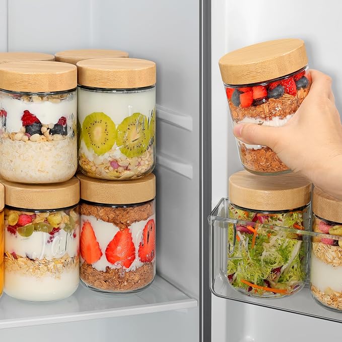 Xyptorix Glass Overnight Oats Containers with Lids (6-Pack), 16 oz Mason Jars with Bamboo Lids for Meal Prep, Chia Seed Pudding, Yogurt & Oatmeal - Airtight Food Storage Jars for Breakfast On-the-Go