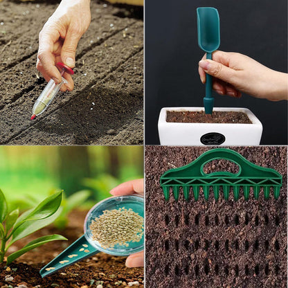 7PCS Mini Handheld Seed Spreader Set with Adjustable Speeds and 12-Hole Dibber Tool, Multifunctional Sowing Seeds Dispenser Planter Kit for Lawn Garden Farm Yard