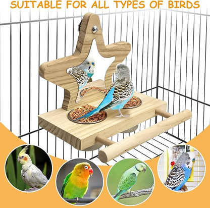 Tfwadmx Parrot Wooden Feeding Cups with Wooden Platform Stainless Steel Birds Bowls Food Water Bowls with Bird Food Holder for Cockatiel Conure Budgie Parakeet Macaw Lovebird