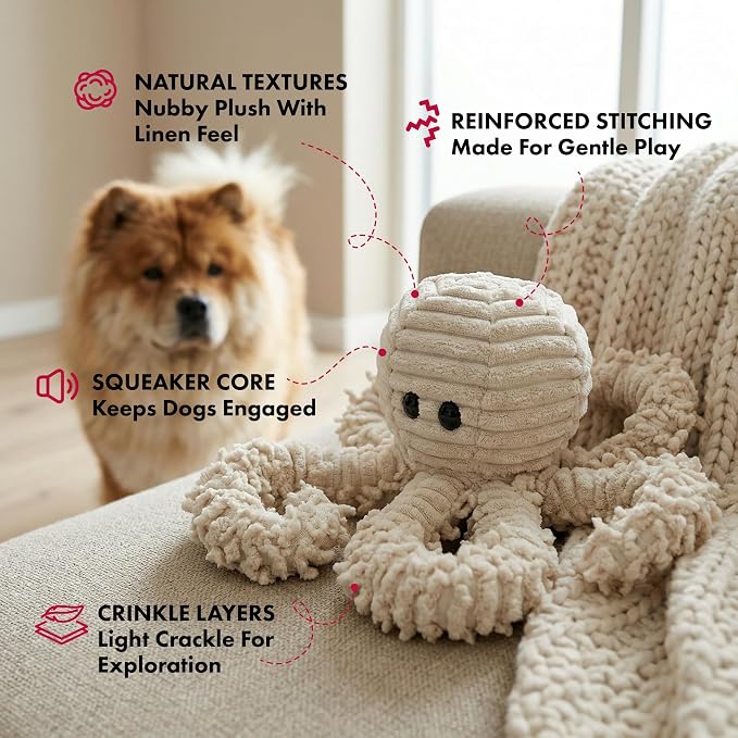 petlou Durable Natural Nubby Plush Dog Toys with Squeaker and Crinkle Paper in Multi-Size (Natural Octopus, 9 Inch)