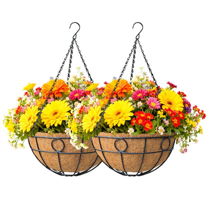 ZVOWOS 2 Pack 12 Inch Black Metal Hanging Basket Hanging Planter with Coco Coir Liner Heavy Duty Hanging Flower Pot Holder for Indoor Outdoor Patio Garden Porch Balcony Decor (Round)