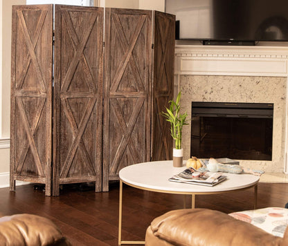 Premium Home 4-Panel Room Divider – Rustic Brown Barn Door, X Pattern Folding Privacy Screen, Partition Wall