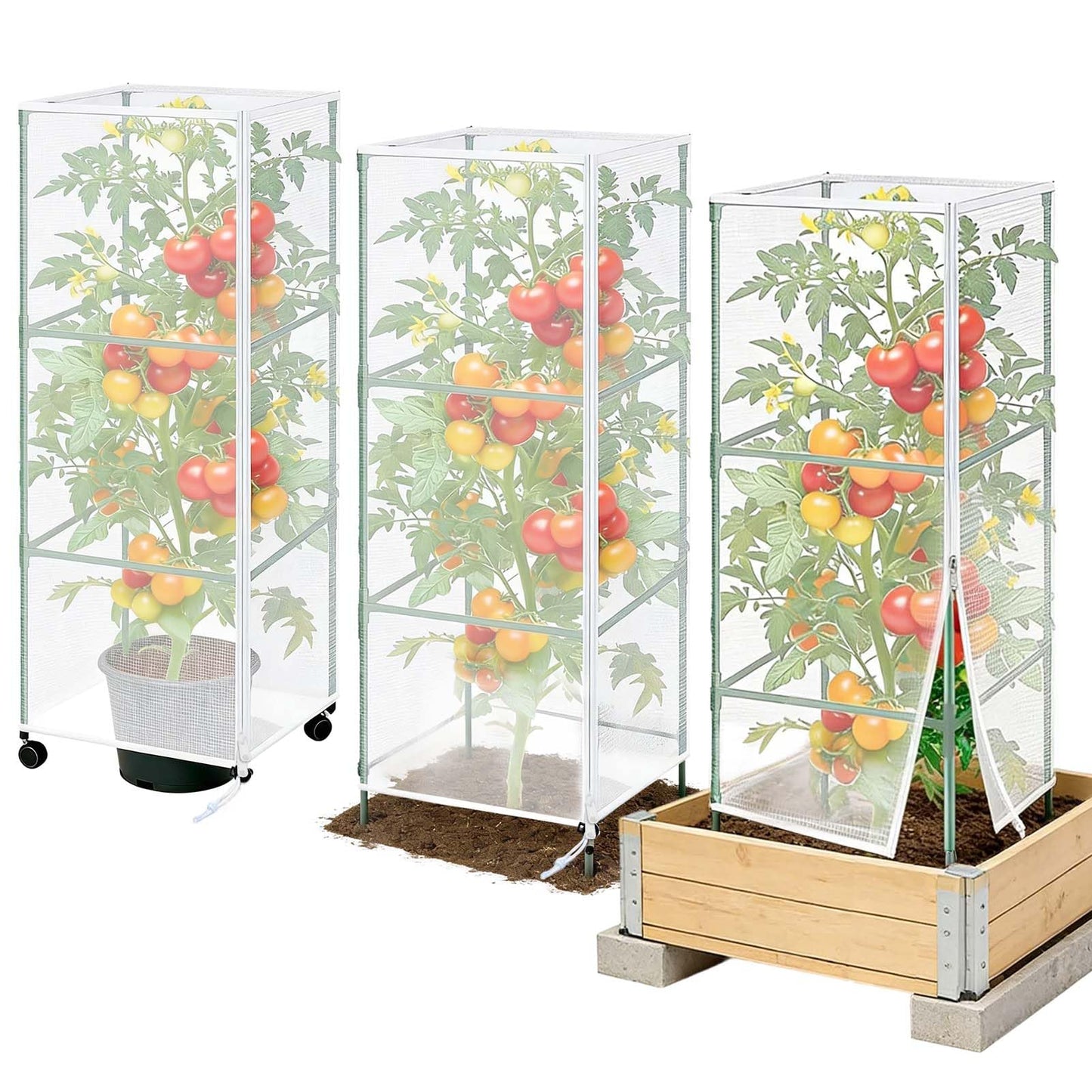 3Pack Garden Netting Cover for Square Tomato Cage, 60"x18.5"Bird Netting Barrier with Zipper Drawstring Tomato Trellis Net Mesh Climbing Plant Cover for Protecting Vegetable Fruits from Animals Insect