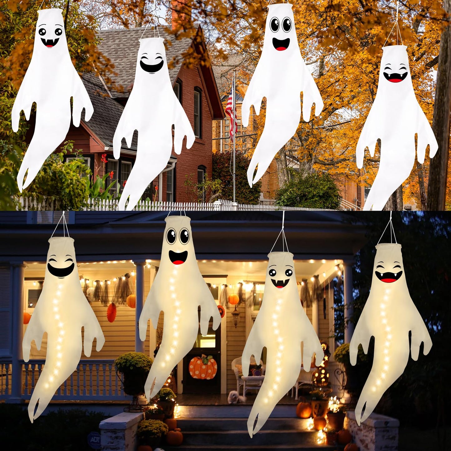 Geefuun 4PCS Warm Light Halloween Cute Ghost Windsocks Hanging Decorations - 43 Inch Flag Wind Socks for Home Yard Outdoor Decor Party Supplies (Batteries Not Included,No Timer)