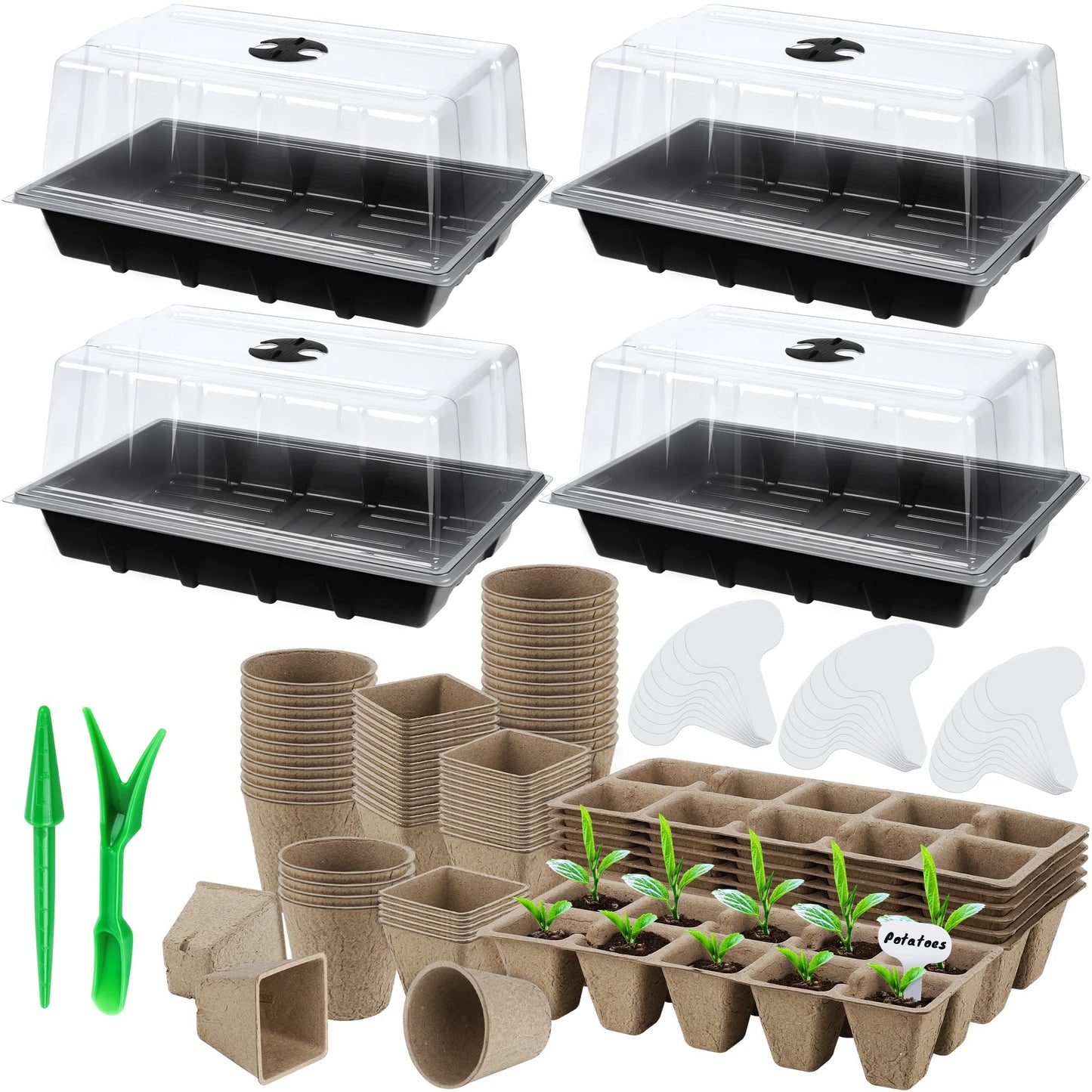 Hahood 4 Pack Seed Starter Tray Set Plants Growing Trays Peat Pots for Seedlings with Seed Starter Pots, Plastic Germination Tray, Plant Labels, Tool for Flower Vegetable Planting, Black