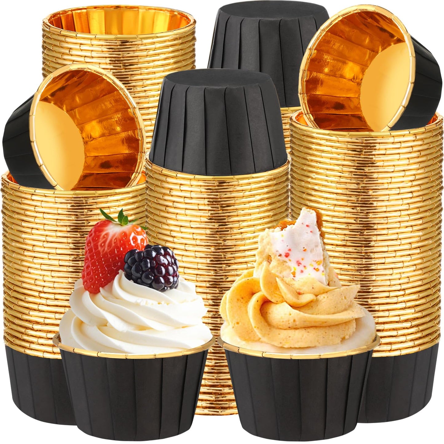 Gandeer 450 Pack Black Gold Cupcake Liners Bulk Disposable Foil Muffin Cups 3.5 oz Wrappers for Baking Aluminum Paper Mini Metallic Halloween Holiday Party Wedding Festival Supply