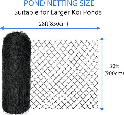 Koi Pond Netting Kit 28 x 30 FT, 3/8" Heavy Duty Woven Mesh Pond Net Cover for Leaves with 12 Stakes, HDPE Pool Netting Protecting Fish from Herons Birds Cats, Black