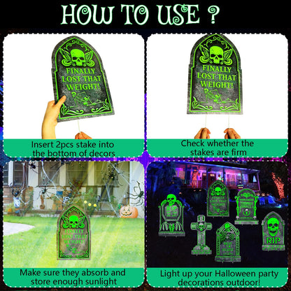 6 Pack Halloween Tombstones Graveyard Decorations, Halloween Yard Sign Glow in The Dark, 17”×10” Waterproof Outdoor Light Up Tombstones, Spooky Light Up Gravestones for Yard, Home, Party, Scary Decor