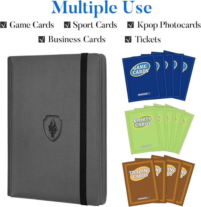 Premium 9 Pocket Card Binder for 540 Cards, Fabmaker PU Cover Trading Card Binder, Sturdy Card Collection Album, Sleek Card Holder Folders for Game Cards & Sports Cards, Grey