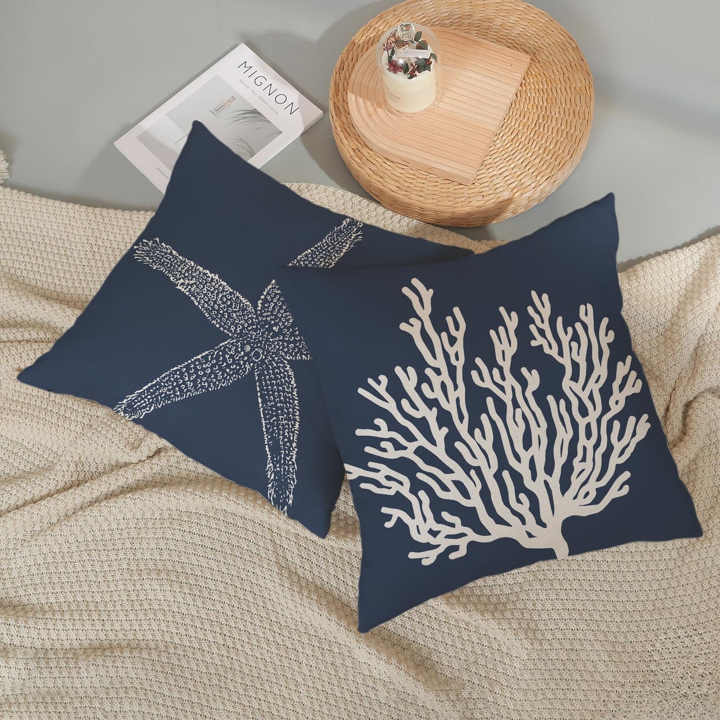 Blue Starfish Pillow Covers 18x18 Inch Set of 2, Nautical Ocean Coastal Blue Coral Throw Pillows Spring Summer Decorations Linen Pillowcase Outdoor Decor Farmhouse Cushion Case for Home Holiday