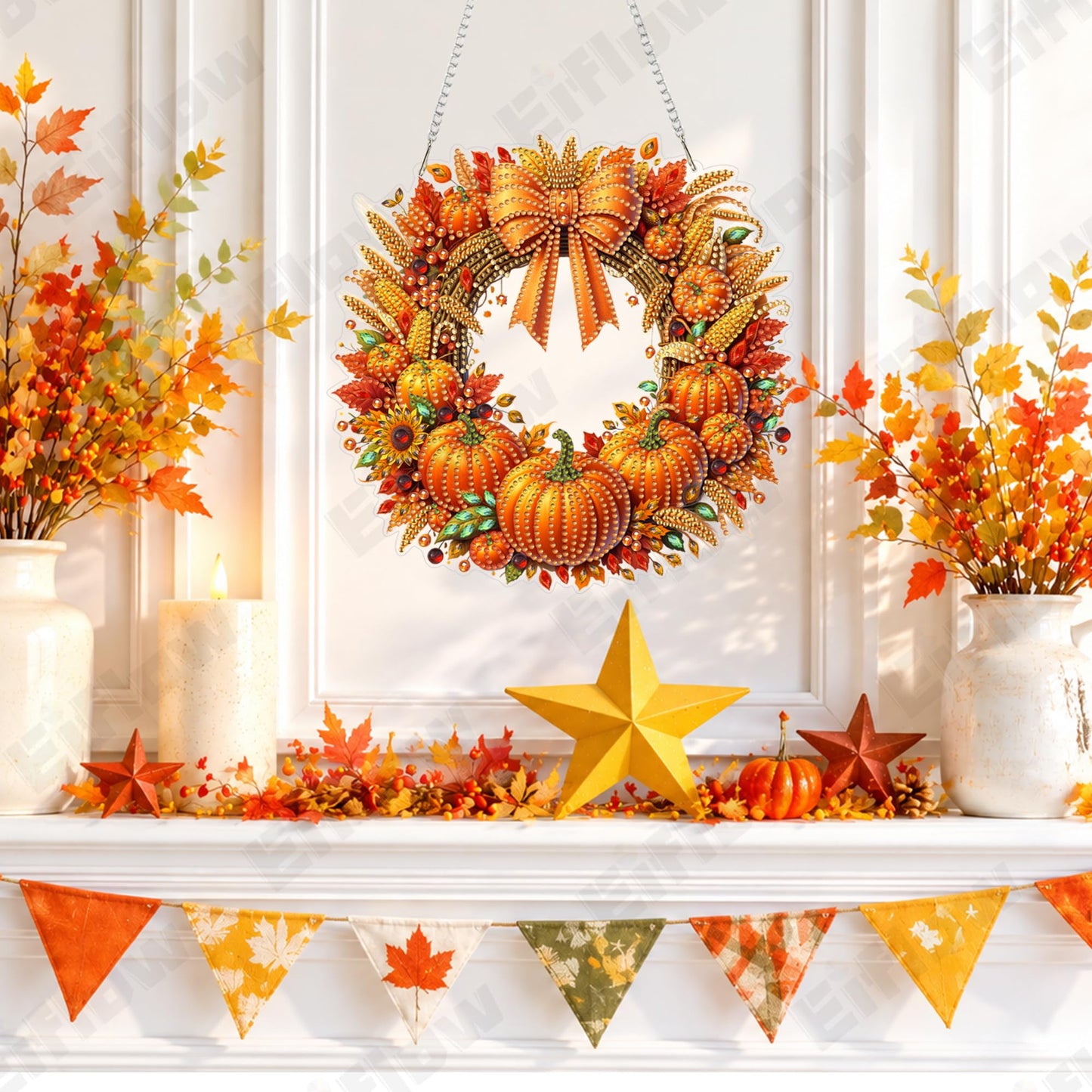 Eiflow Acrylic Diamond Art Hanging Kit for Adults Pumpkin Wreath, DIY Diamonds Painting Door Hanger Board Kit, Special Crystal Diamond Art Painting Pendant Ornament (Fall Wreath)