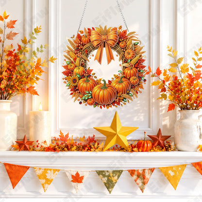 Eiflow Acrylic Diamond Art Hanging Kit for Adults Pumpkin Wreath, DIY Diamonds Painting Door Hanger Board Kit, Special Crystal Diamond Art Painting Pendant Ornament (Fall Wreath)