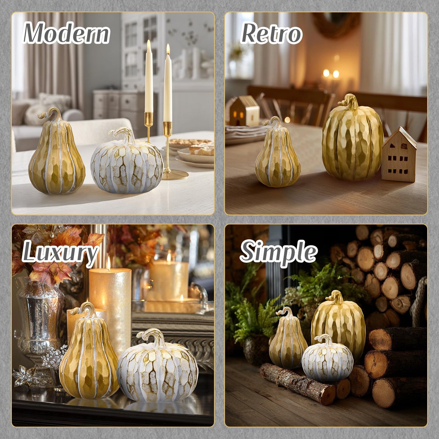 VioraWhite 3 Pack Fall Decor White and Gold Resin Figurine Thanksgiving Table Artificial Decorations for Autumn Harvest Indoor Home Farmhouse Kitchen(Pumpkin)