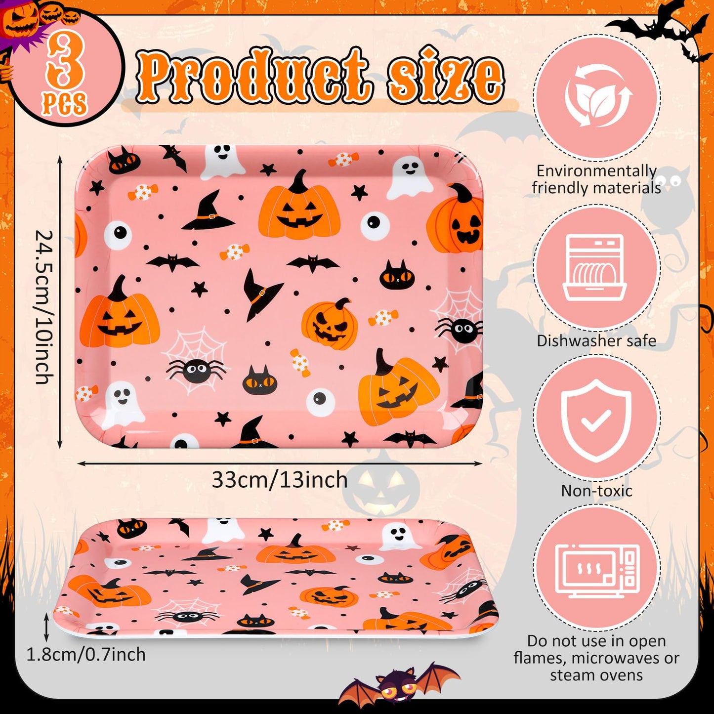 Jingmore 3 Pack Halloween Serving Trays 13 x 10 Inch Reusable Serving Platter Food Tray Halloween Snack Tray Pumpkin Spider Serving Tray Cute Birthday Party Supplies