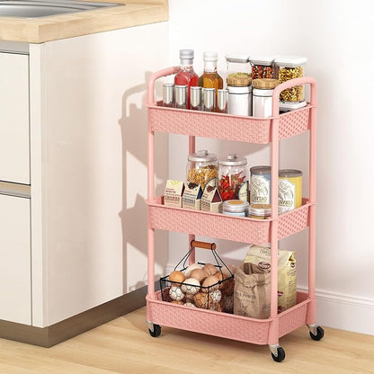 MOYIPIN 3-Tier Plastic Rolling Utility Cart with Handle,Utility Storage Cart for Office, Living Room, Kitchen,Movable Storage Organizer Shelves,Pink
