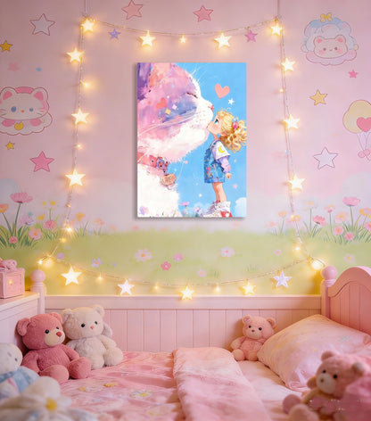 16x24 Giant Pink Cat Kissing Little Girl Canvas Wall Art - Cute Whimsical Kids Kawaii Room Decor, Pastel Dreamy Nursery Wall Poster, Cartoon Framed Animal Artwork for Bedroom Bathroom Living Room