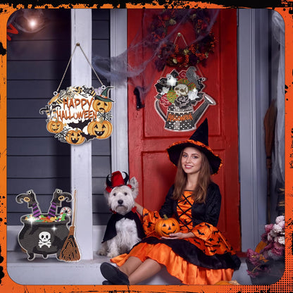 Chitidr 6 Pcs Halloween Diamond Painting Hanging Sign Set Witch Pumpkin Gnome Diamond Art Paint Arts Set 5D DIY Ornaments Kits for Halloween Wall Door Window Decor