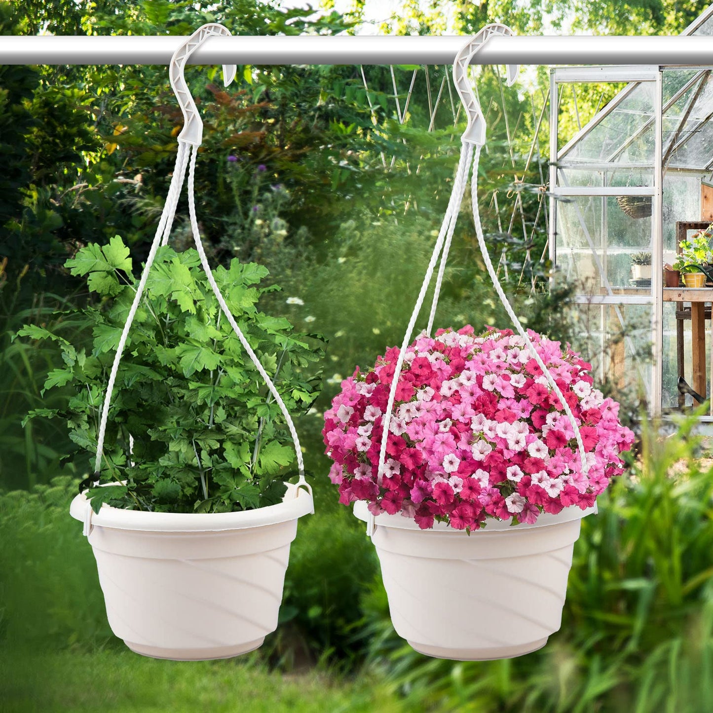 VIDELLY 4 Pieces Plastic Hanging Planters, 5.9 in Dia x 3.54 in H, Flower Plant Basket Pots Chain Holder Garden Decoration for Indoor and Outdoor Use, Red