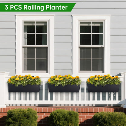 OGIMA 16-Inch Railing Planter Box, 3 Pack Large Hanging Planters for Outdoor Plants with Detachable Wide Hooks for 2.7'' Railings - Balcony Planters Railing Hanging for Deck, Fence & Patio Decor